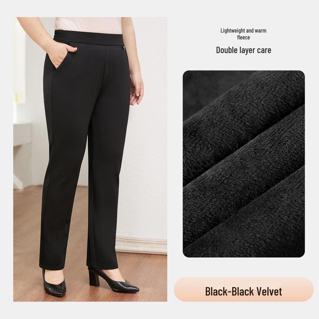 Plus Size Fleece-Lined Black High Waist Pants for Women - Stretchy, Casual, Perfect for Autumn and Winter. Ideal for Middle-Aged and Elderly Ladies.