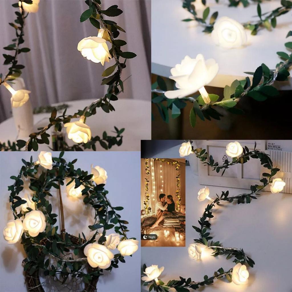 1pc White Rose With Green Leaf Vine String Light Courtyard Garden Decorative Lamp Battery Operated Suitable For Home Decor