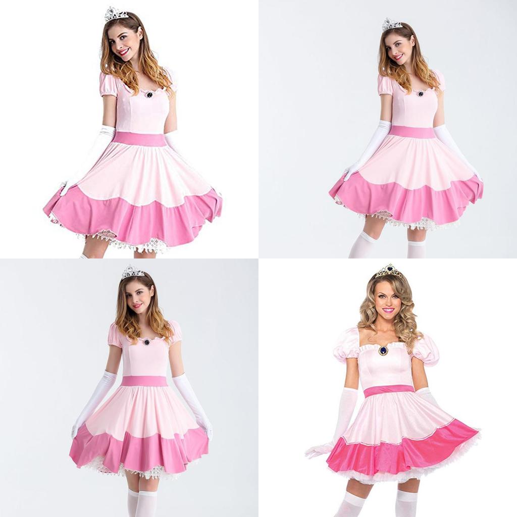 Elegant Super Mario Pink Princess Peach Costume Dress With Crown And Gloves Set