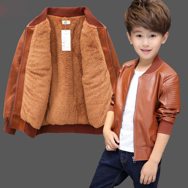 Baby Jungen PU Jacken 1-13 Jahre alt Rundhals Jacke Herbst Winter Plus Samt Verdickung Schwarz