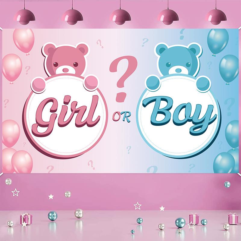 New model gender reveal banner for newborns, balloon decoration scene for celebrating the birth of the baby, flag hanging display