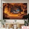 2D Primitive Cave Interior Tapestry Ancient Campfire & Lantern Background Cloth