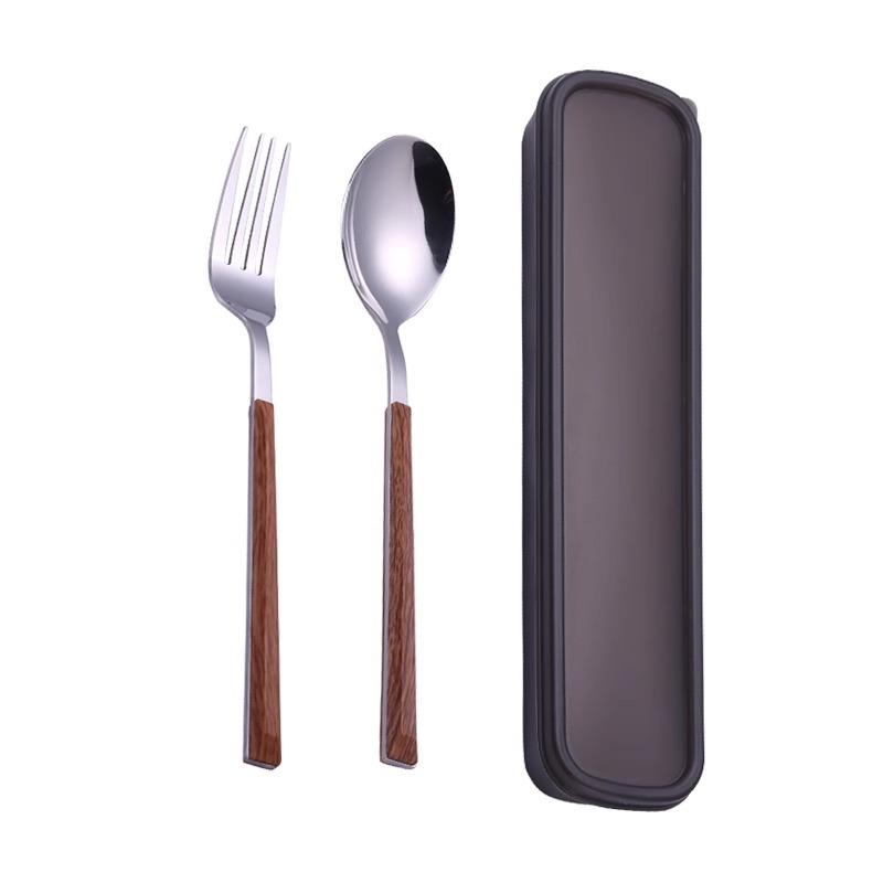 Stainless Steel Portable Tableware Wooden Chopsticks Spoon Fork Set Student Outdoor Picnic Convenience Box Three-piece Set