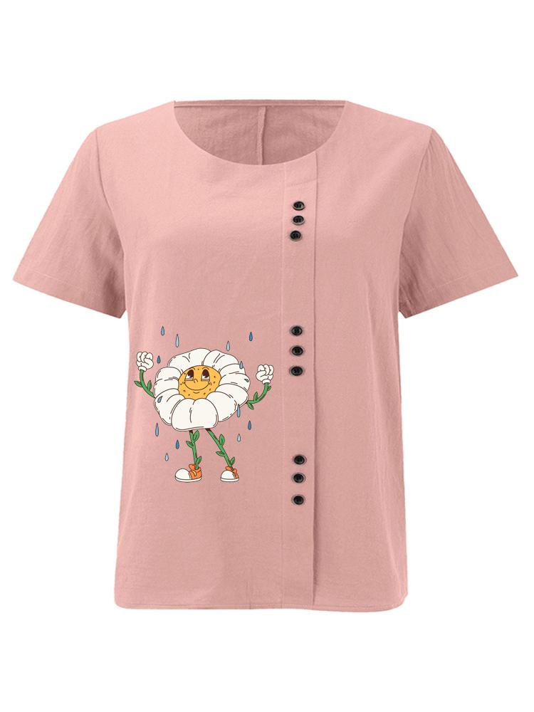 Women s Fashion Humanoid Flower Print Round Neck Short Sleeve T-shirt Casual Cotton Linen Graphic Shirt Leisure Loose Summer Blouse Tops S розовый
