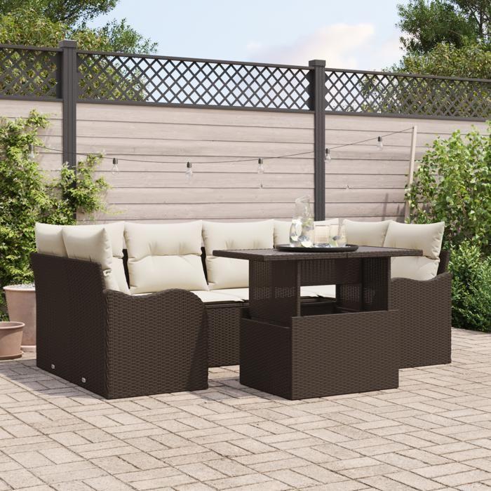Ensemble de Canapés de Jardin 7 pièces vidaXL avec Coussins Marron Rattan Poly, Canapé de Jardin 2 Places vidaXL 3357131