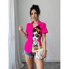 Womens Loose Fit Short Sleeve Printed Shirt Casual Vacation Style Collared Open Front Top