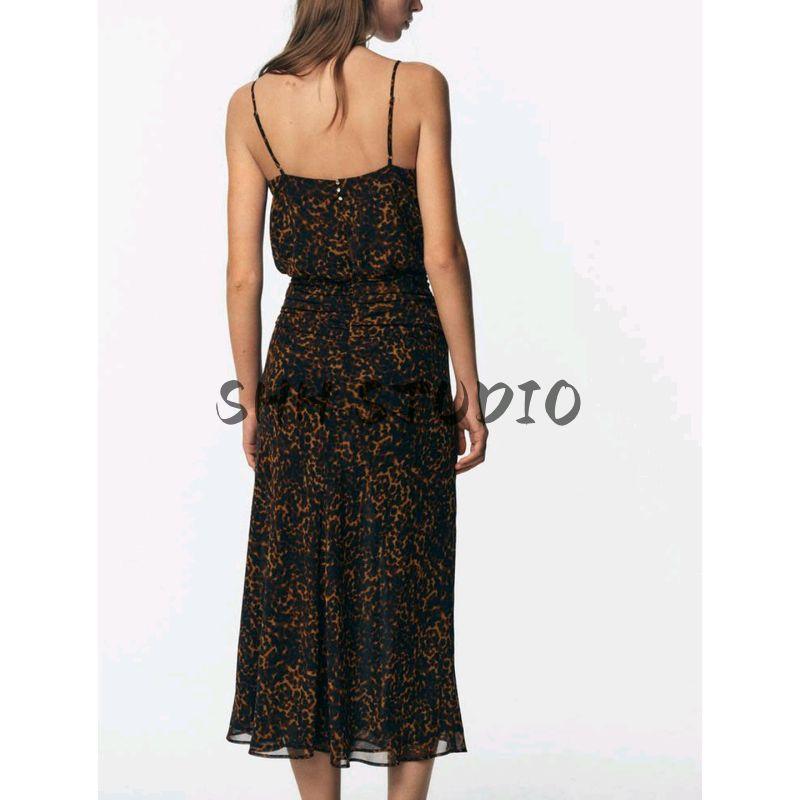 Fall New Women's Clothing French Style Ruched Decoration V Neck Sleeveless Animal Pattern Print Midi Skirt Dress 8790139