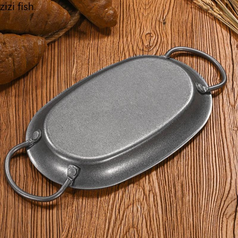 Vintage Stainless Steel Dining Plate Silver Steak Plate Double Ear Fish Dish Fruit Plates Salad Bowl Serving Plates Snack Tray