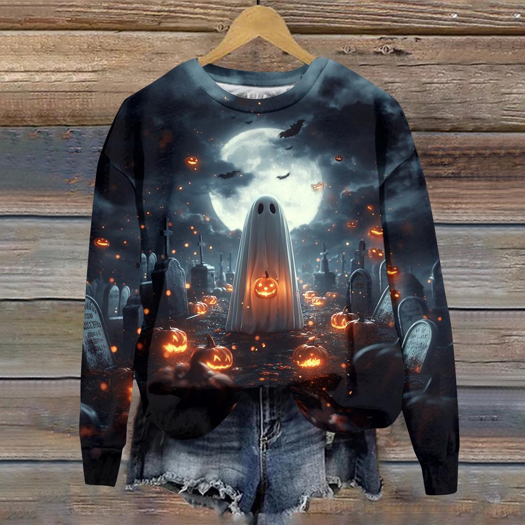 Women's Casual Long Sleeve Halloween Print Crewneck Sweatshirt