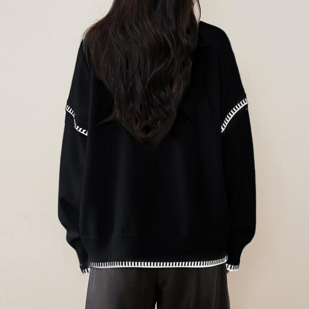 Women's Fashionable Casual Versatile Lazy Style Contrast Round Neck Pullover Long Sleeve Loose Knitted Sweater