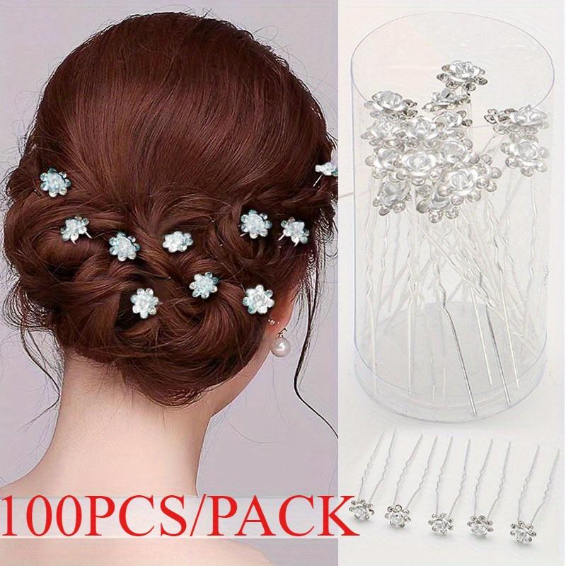 

high quality100pcs/ 5Bottle/ Pack Wedding Bride Elegant and Sweet Hairpin Decoration Hair Accessories, Rose U-shaped Rhinestone Hair Fork Set, Silvery 100 Pcs / Pack