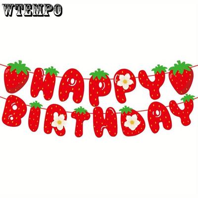 5pcs Strawberry Happy Birthday Banner Strawberry Themed Birthday Party Decoration Berry Sweet Party Decoration