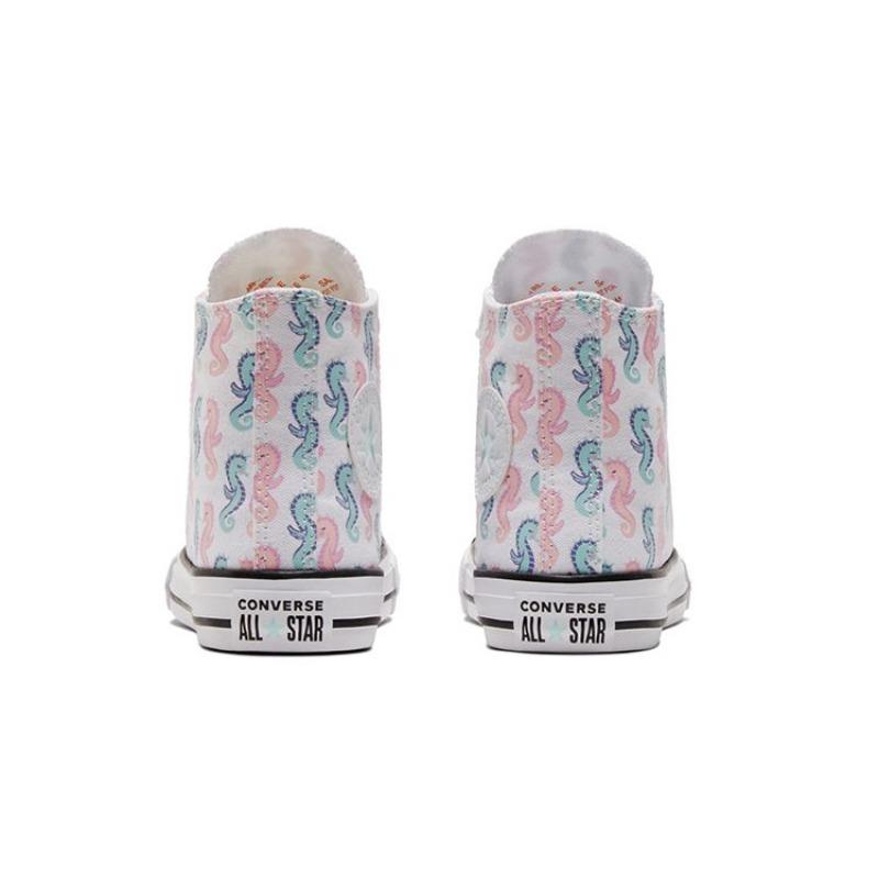 Converse Chuck Taylor All Star Kids High Canvas Shoes All-over Seahorse Print Wear-resistant White Blue Pink 372871C