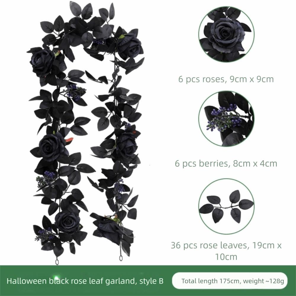 Environmental PPC Artificial Flowers Long Strip Different Sizes Simulated Rattan Black Rose Leaves Halloween Rose Leaf Vines