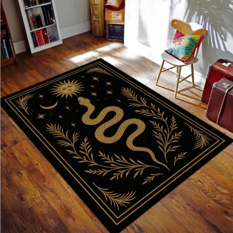 Raven Moon Gothic Rug Black Gold Baroque Rug Mysterious Crow Design for Elegant Dark Home Occult Decor Having Aesthetic Appeal
