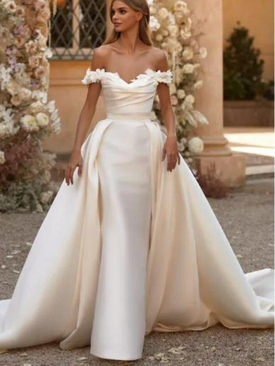 

Атласное свадебное платье больших размеров на одно плечо в европейском и американском стиле с завышенной талией и шлейфовой юбкой M слоновая кость