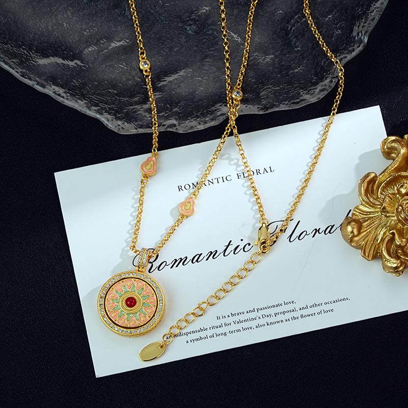 Chinese Style Gold Gourd Good Luck Diamond Necklace with Rotatable Compass Pendant for Women