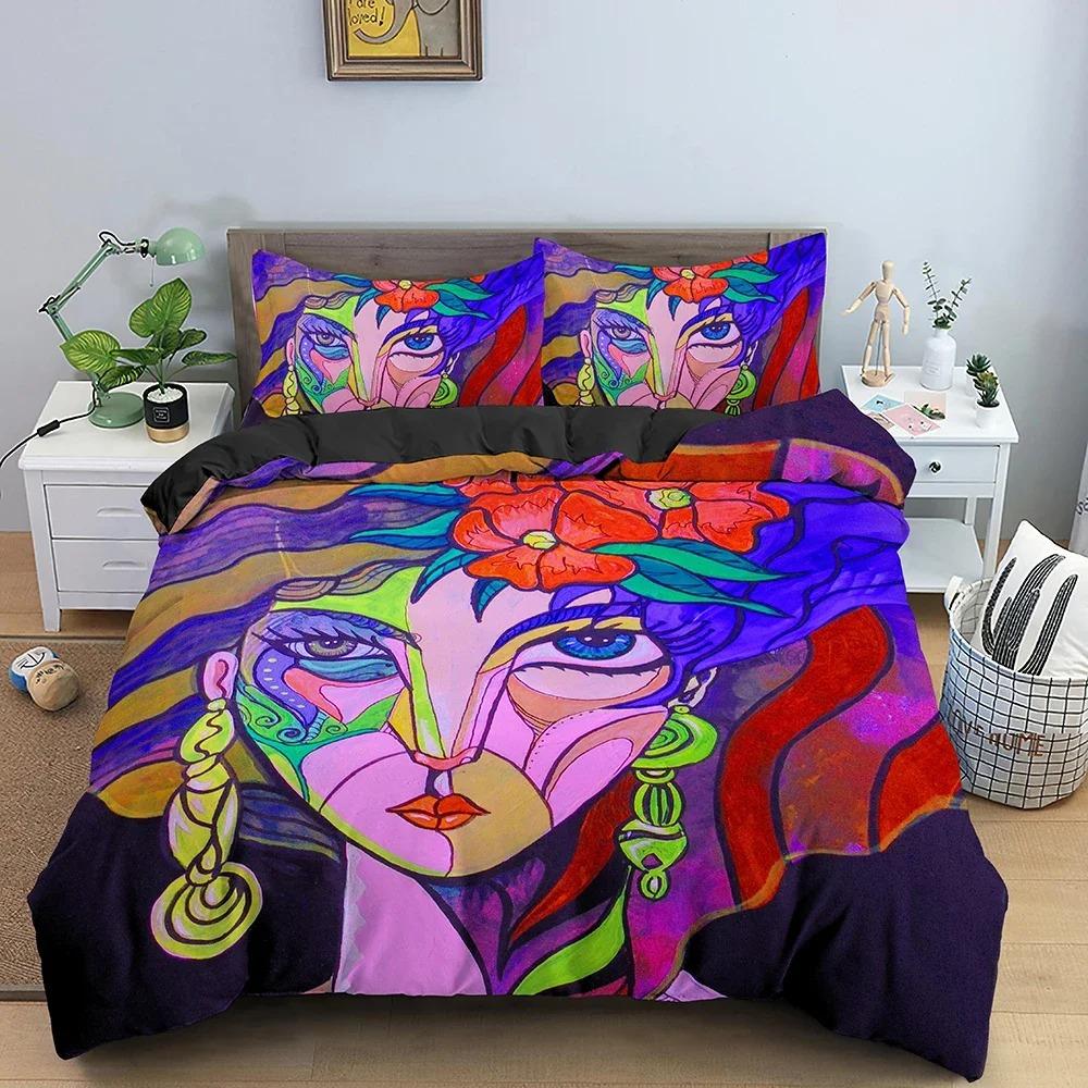 Abstraktes Gesicht King Queen Bettbezug Frau Portrait Bettwäsche Set Graffiti Bettbezug Fantasy Design Polyester Bettbezug