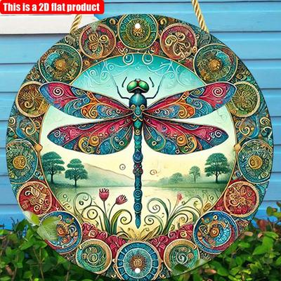 Pendentif mural rond libellule 2D plat 20*20cm 1pc aux couleurs vives, Décor style étang champêtre à motifs floraux et d'insectes vintage, Convient pour salle de bain, cafés