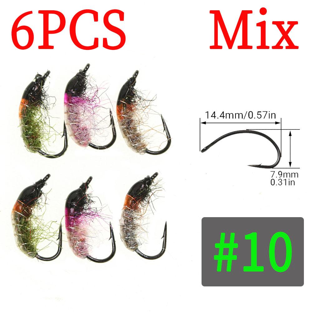 6PCS Scud Nymph Flies Copper Wire Weighted Flash Dubbing Caddis Larva Emerger Fly Fishing for Trout Czech Nymphing River Fishing