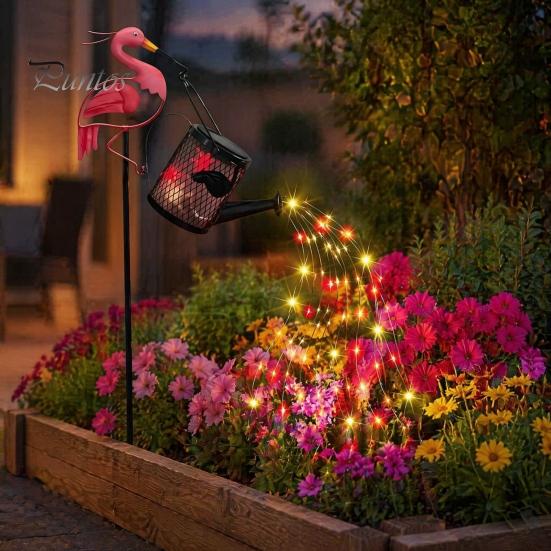 Romantic Garden Path Decor Flamingo Statue with Solar Watering Can Lights, Decorative Iron Weather Resistant Yard Decorations Outdoor Lawn Ornament