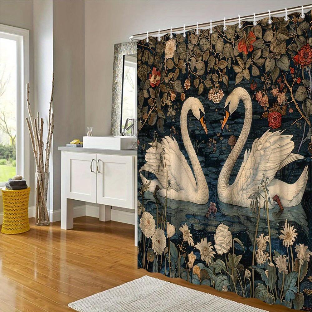 1Pc Victorian-Style Swans Shower Curtain - Romantic Pond Scene With White Swans, Lush Flowers & Greenery, Polyester Fabric