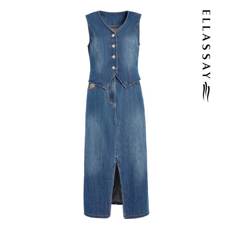 ELLASSAY Retro Denim Sleeveless Faux Two-Piece Dress