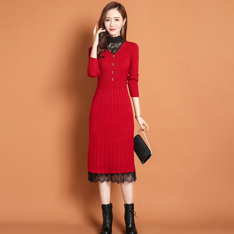Lace Half Turtleneck Knitted Dress for Women Long-sleeved Solid-color Sweater Dress for Autumn and Winter Casual