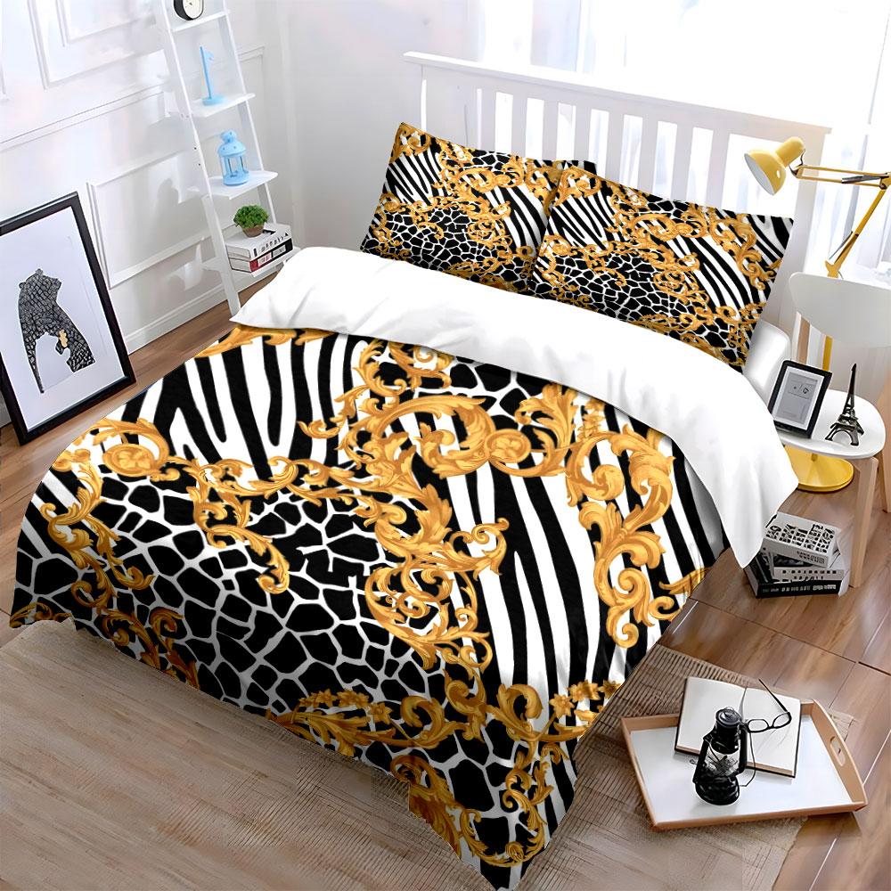 Golden Baroque And Animal Print Set - Elegant Home Decor Kid'S And Adults' Bedroom Decor, 3Pc Bedding Set Gift