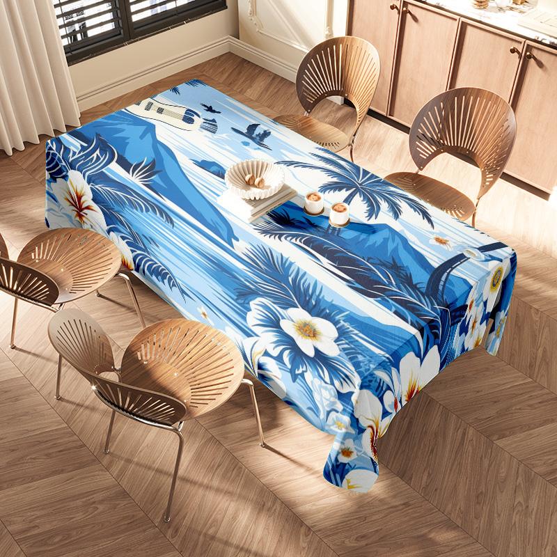 Summer Resort Tablecloth Blue Palm Tree Print, Plastic Free Dining Cover for Home Decor, Kitchen Table Linen
