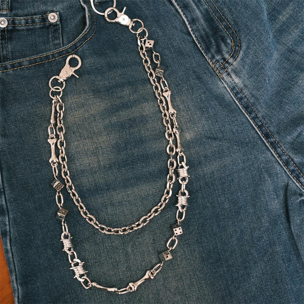 Side Design Light Luxury Style Punk Waist Chain Fashion, Hip Hop Double Layer Dice Dog Bone Trouser Chain