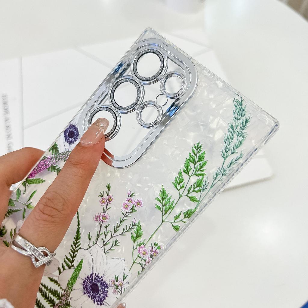 Samsung S25 Ultra Floral & Grass Lens Film Case - Full Coverage for S24 & A56, with Bracelet-style Protective Case