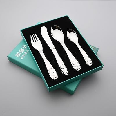 4 Pcs Silver Dinnerware Cutlery Spoon Food Feeding Fork Knife Utensils Set 304 Stainless Steel Learning Eating Panda Pattern Tableware
