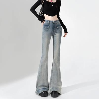 High Waist Stretch Flared Jeans Women Distressed Hem Slim Fit Blue Denim Pants