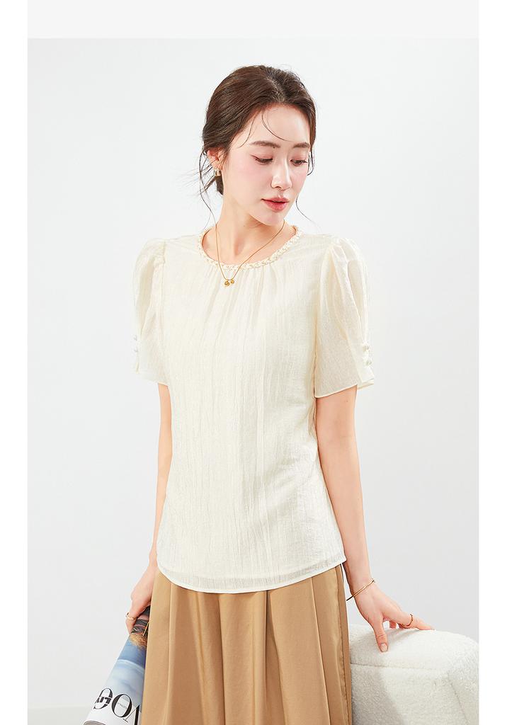 Elegant and Slim Round Neck Beaded Short Sleeved Shirt, Mini Top