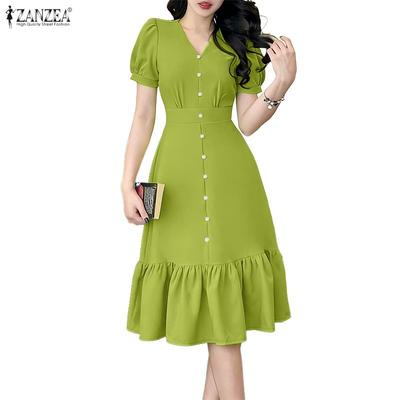 Vestido Casual Feminino Decote V Manga Curta Elegante Bainha com Babados