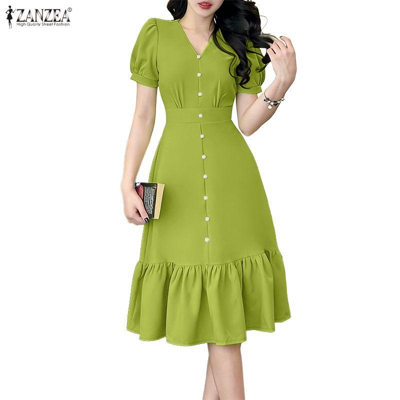ZANZEA Women Casual V-Neck Short Sleeve Elegant Ruffles Hem Dress