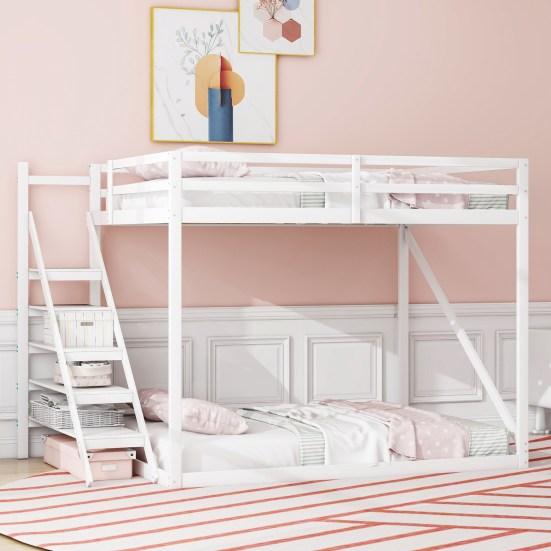 Children Bed Loft Bed 140x200cm with Security Manager, Solid Wood Bunk Bed with Slatted Frame Suitable for Children, Young People and Adults, White
