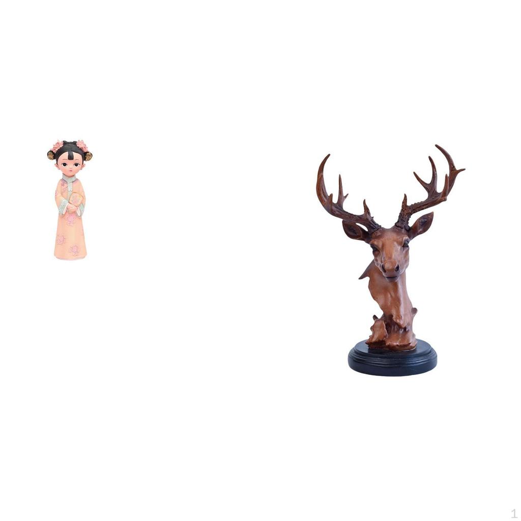 Traditional Chinese Girl And Deer Head Resin Statue Sculpture Miniature Figurine Craft Animal