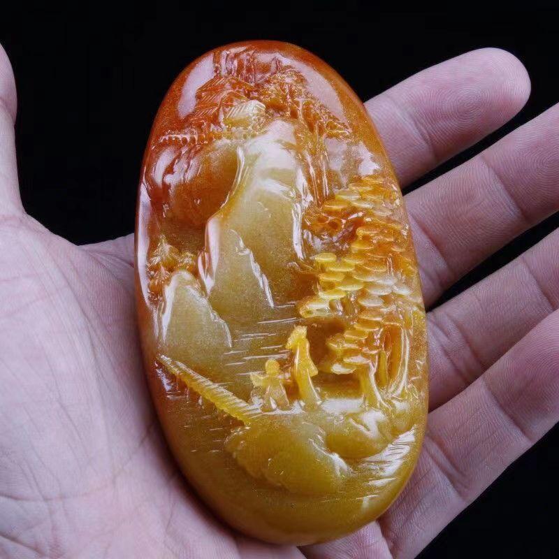 Chinese Antique Huanglong Jade Carving with Landscape Pattern Waist Tag Pendant
