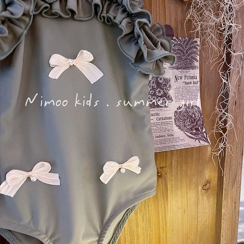 2025 Cute Baby Girl One-Piece Swimsuit with Three Bows and Spaghetti Straps