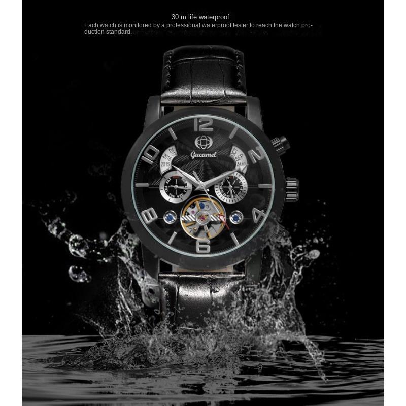 GUCAMEL Herren-Mechanikuhr, Tourbillon-Gürtel, Business-Mechanische Uhr, Ewiger Kalender, Herrenuhr