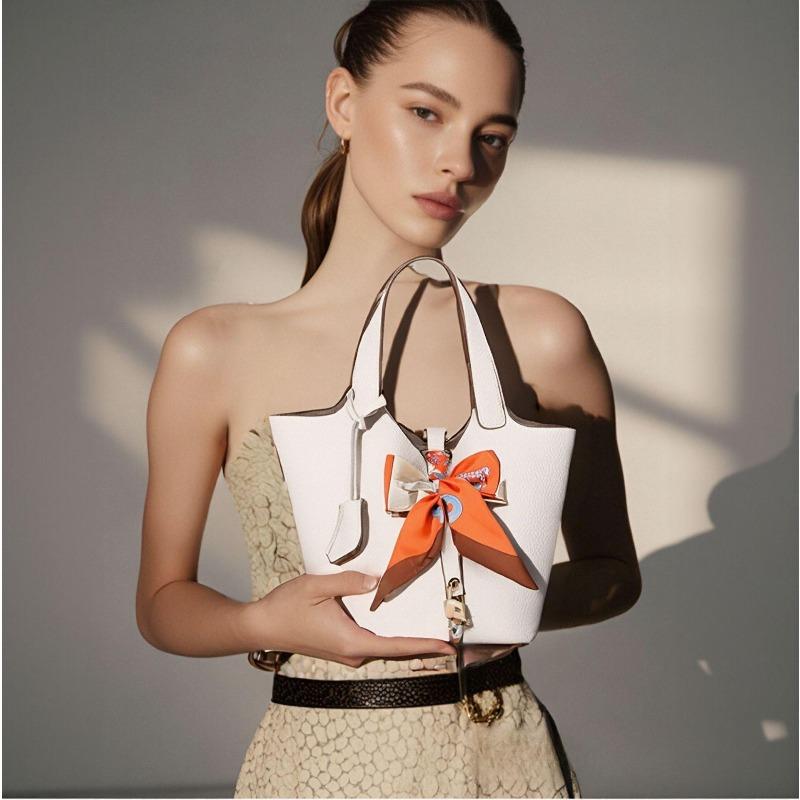 New Bag, Water Bucket, Vegetable Basket, Women's Bag, Leather Top Layer, Hand-held Mommy Bag, Bride's Wedding Bag, High-end Silk Scarf