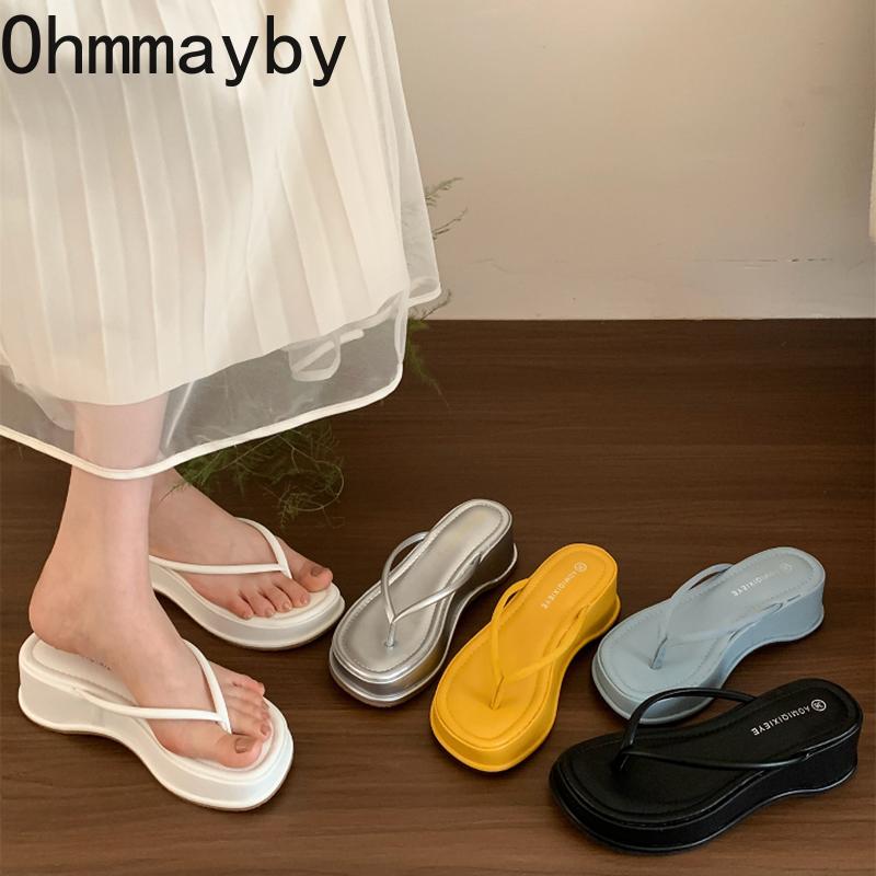 

2025 Summer Women Platform Wedges Heel Flip Flop Fashion Clip Toe Dress Slides Ladies Outdoor Beach Vacation Slippers 39 бежевий