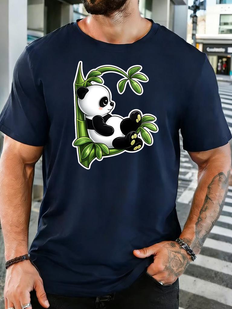 Unisex Lovely Cartoon Panda On Green Bamboo Graphic Cotton Short Sleeve Tee Crew Neck Soft Male Summer Casual Breathable Street Top