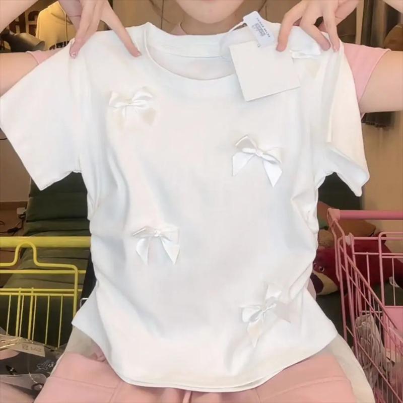 Elegant Ballet Bowknot T Shirts Round Collar Japanese Style Women Solid Color Short Sleeve Ribbon Crop Tank Women Girl S