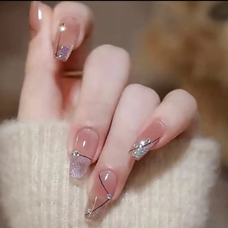Secret Lives Press on Nails Reusable Artifical Designer Fake Nail Translucent Grafti Lines with Studs & Glitter 24 Pieces Set with Kit