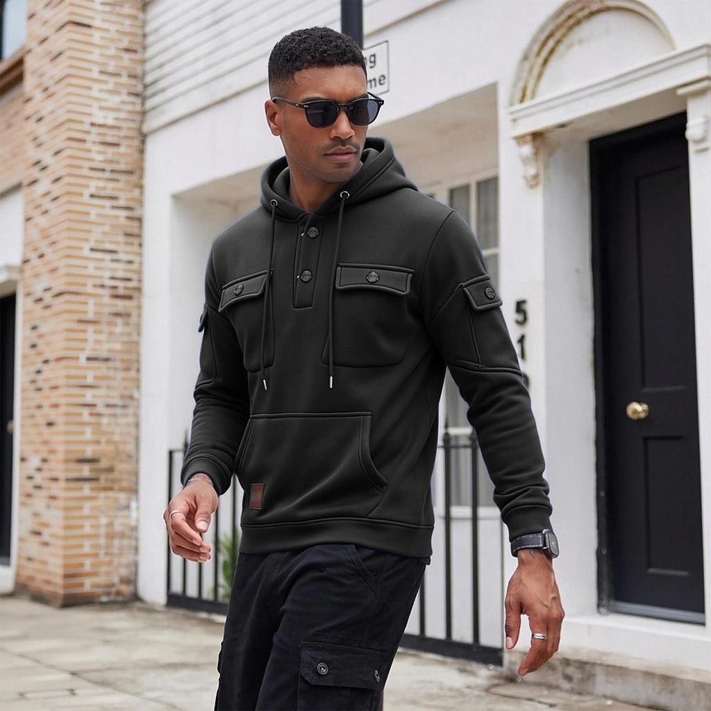 Men's Outdoor Hooded Sweatshirt with Multi Pockets, Long Sleeve Warm Casual Pullover
