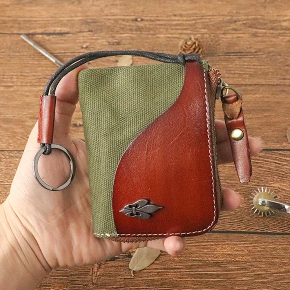 Vintage Car Key Bag Stitching Storage Card Bag Retro Women's Leather  Coin Purse  Coin