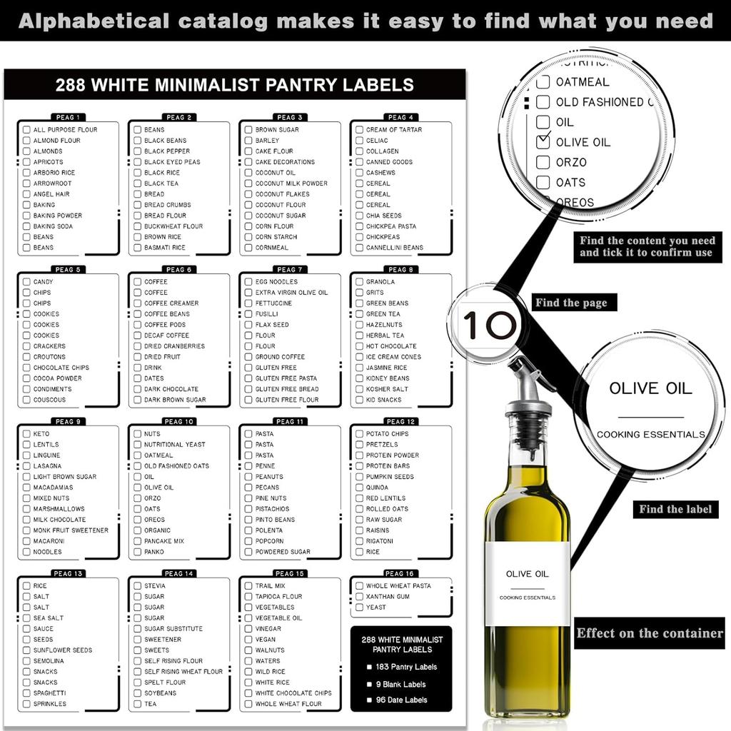 288 Pantry Labels for Food Containers, Preprinted Minimalist Waterproof Stickers for Organizing Storage B, Jars and Kitchen